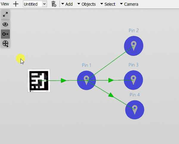 Animated image of clicking on the editor scene toolbar to hide/unhide the green connections from the view.