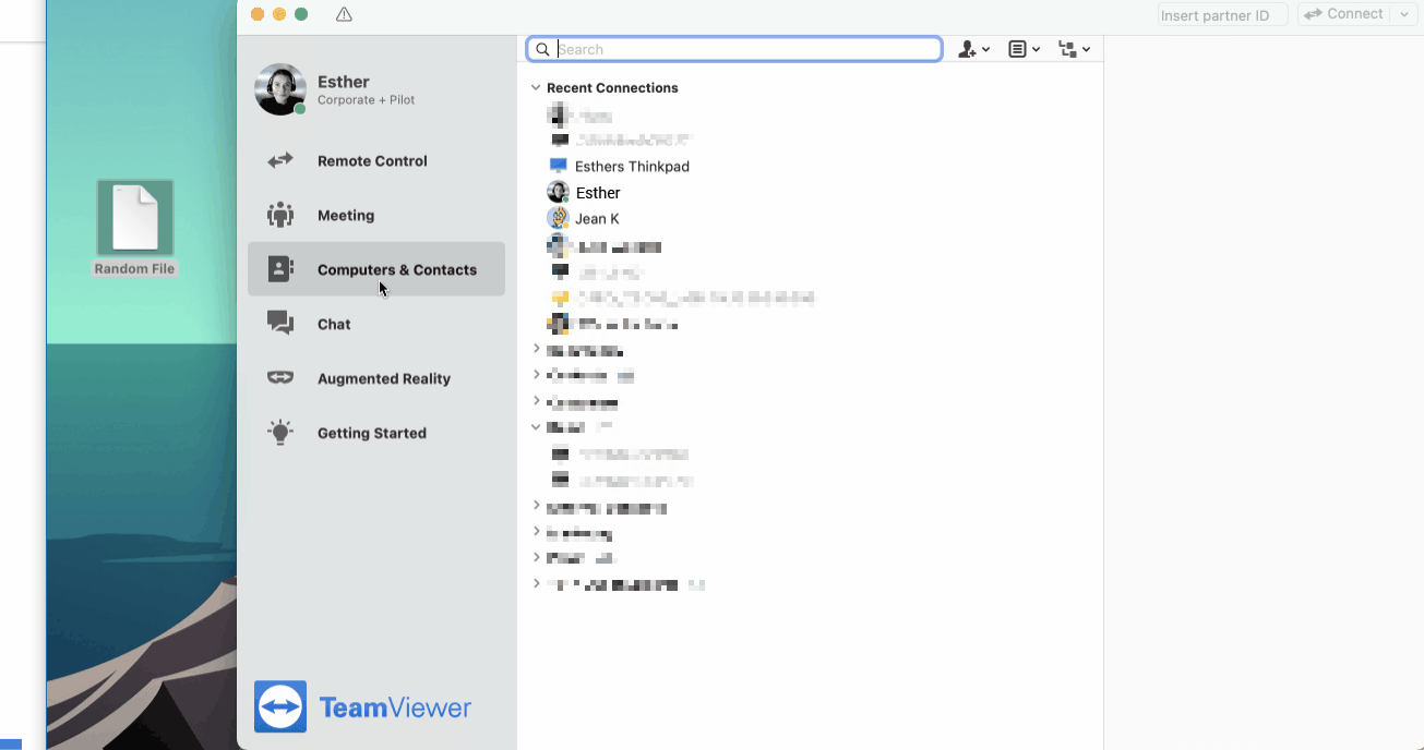 Como compartilhar arquivos pela lista de computadores e contatos do TeamViewer (Classic) - macOS.gif