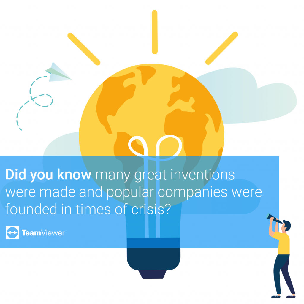 Darstellung einer Glühbirne mit folgendem Text: Wussten Sie, dass in Krisenzeiten viele große Erfindungen gemacht und bekannte Unternehmen gegründet wurden?
