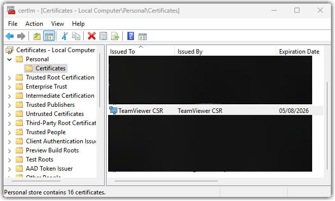 Certificates Manager for local computer with the encryption certificate