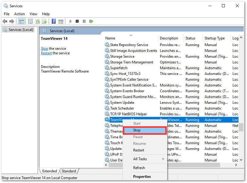 Solução de problemas TeamViewer (Classic) QuickSupport - pare o serviço TeamViewer (Classic).png
