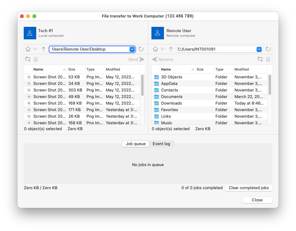 Barra de ferramentas da sessão remota do TeamViewer (Classic) no macOS - Transferência de arquivos janela.png