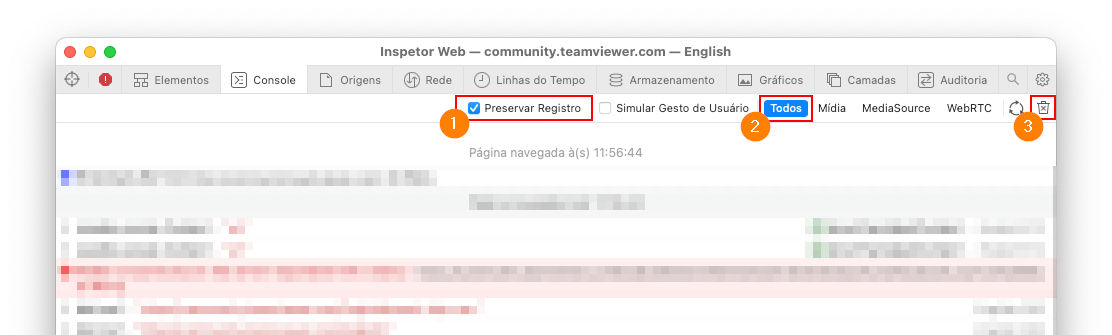 Como encontrar os arquivos de registro do TeamViewer (Classic) WebClient - Safari - Console etapas.png