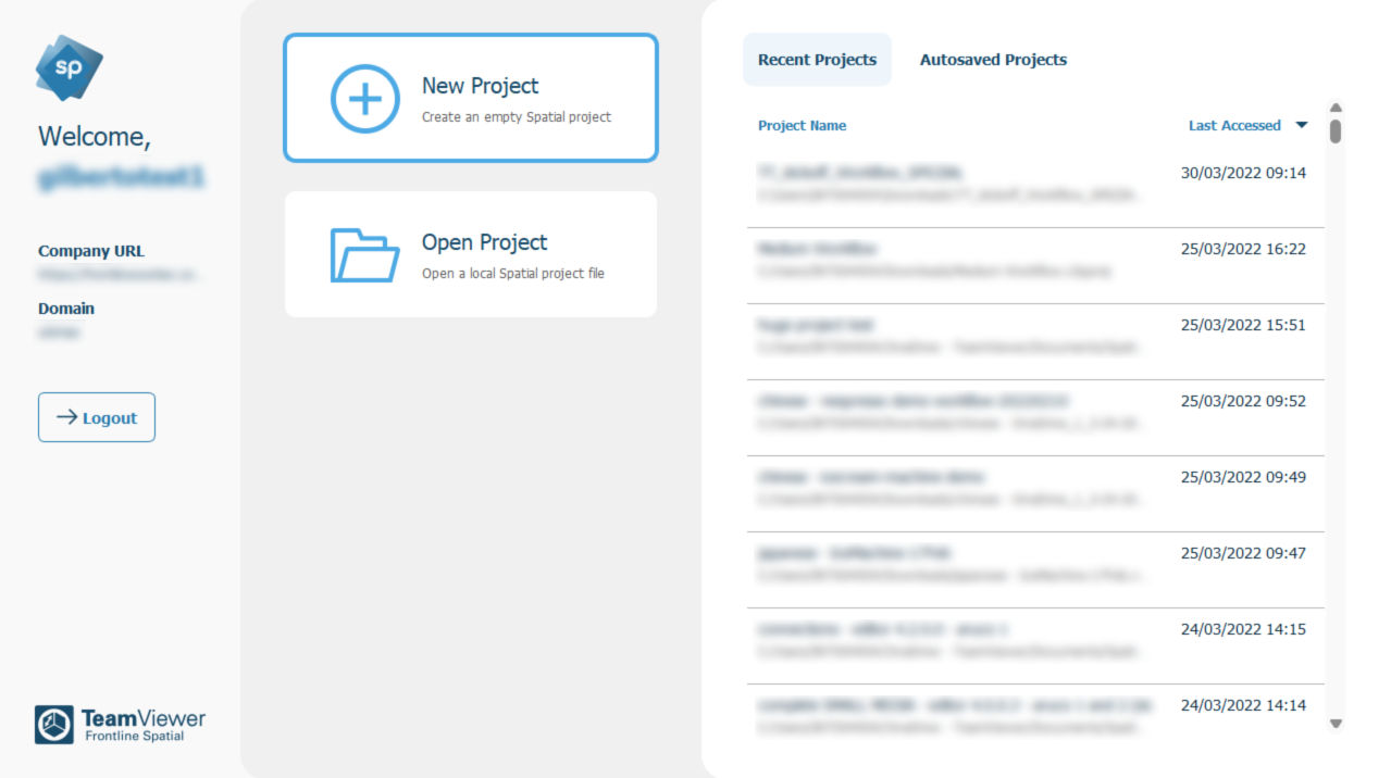 Overview of the opening menu of the Spatial Editor. Contains user and domain information on the left buttons to Open Project and New Project in the center, and a list of recently opened projects on the right.