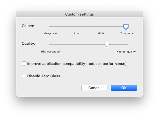 Custom Quality settings window, TeamViewer (Classic) Remote Control Toolbar