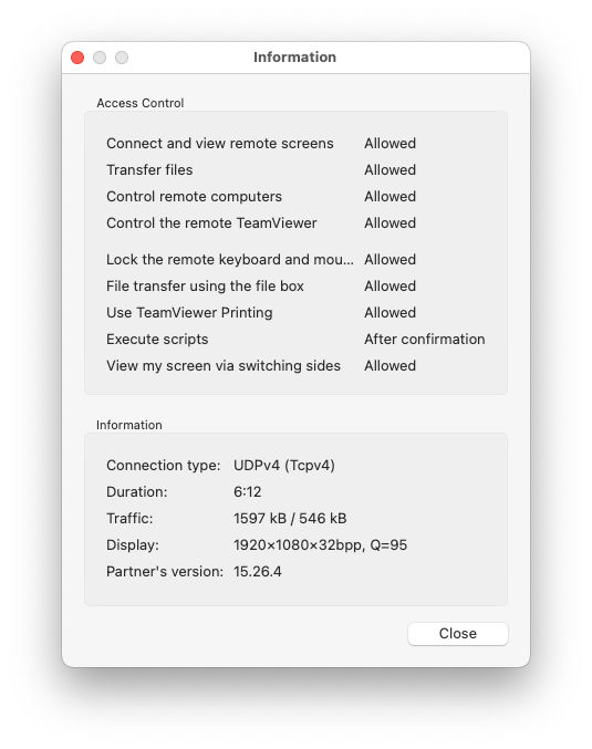 Connection Info Window, TeamViewer (Classic) Remote Control Toolbar