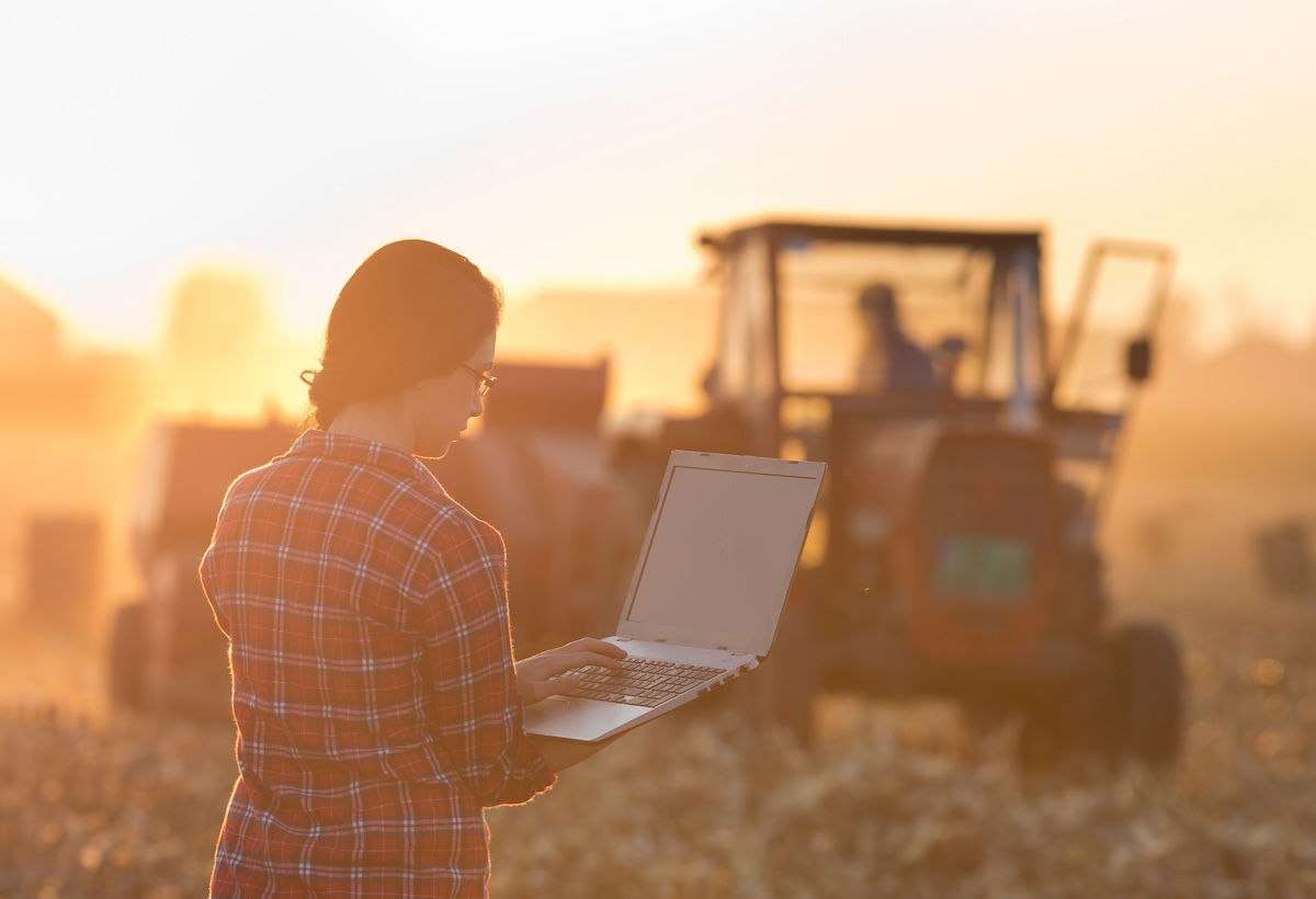 Jovem mulher com laptop de pé no campo