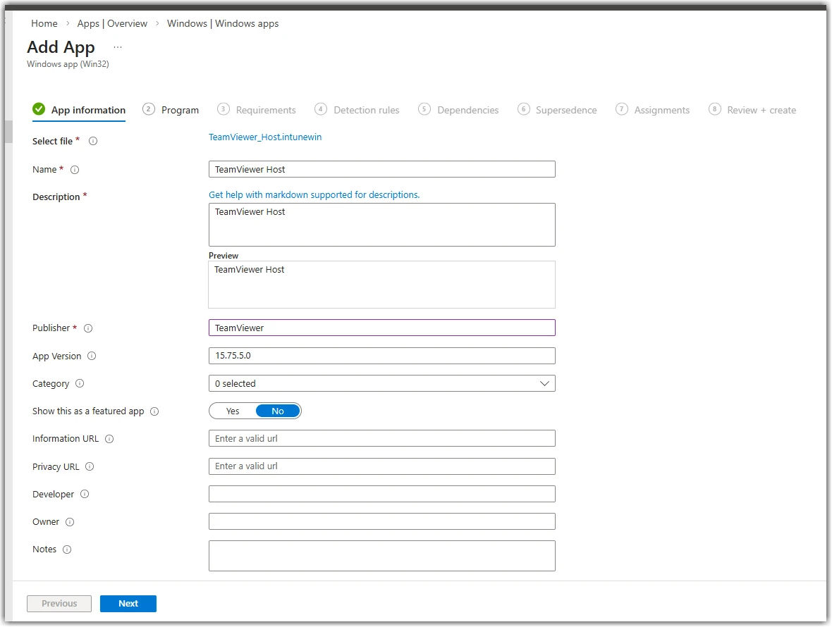 Create a package in Microsoft Endpoint Manager via Intune (Win32 app)