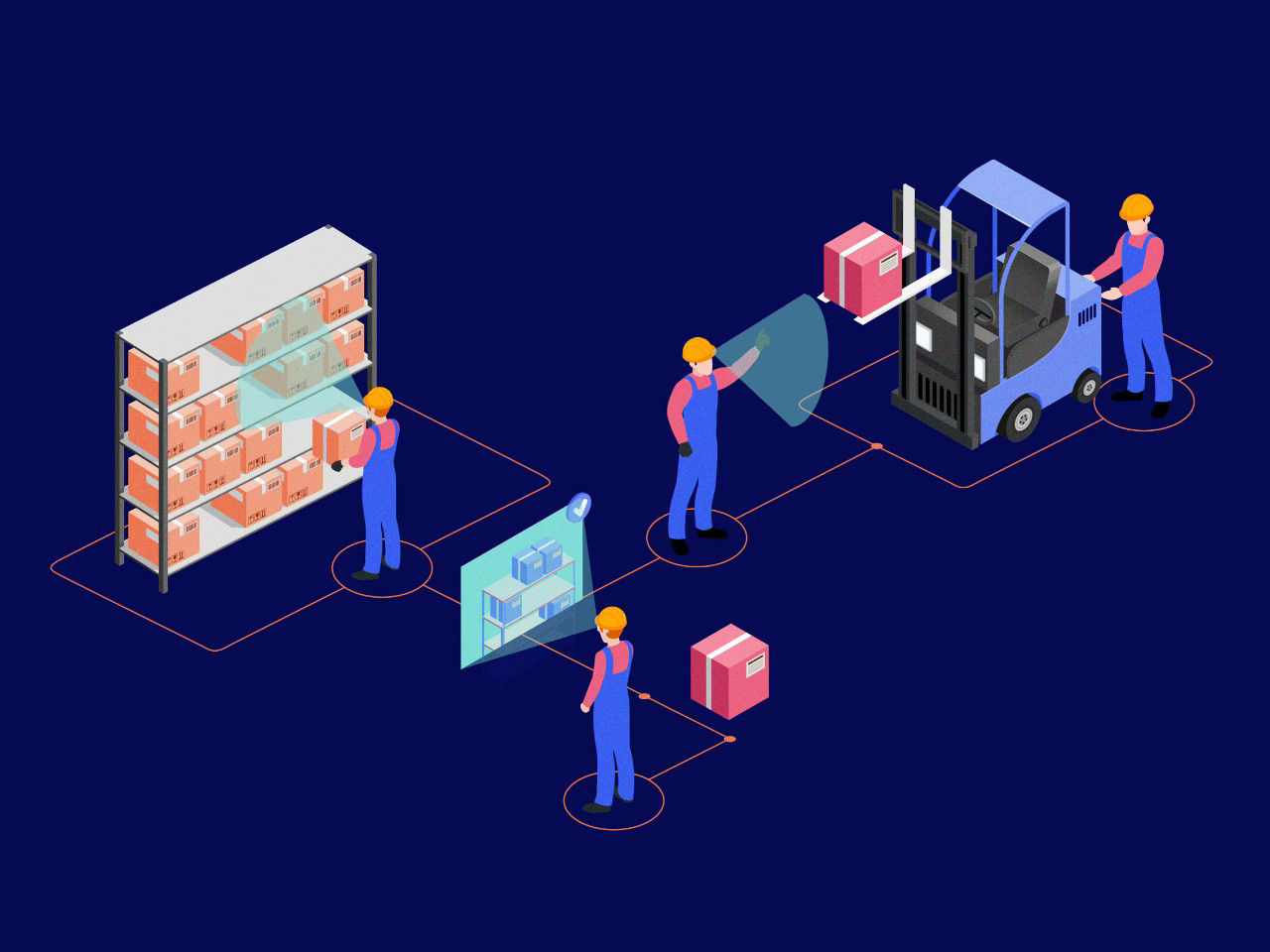 Illustration d’employés de l’entrepôt assistés par la technologie intelligente