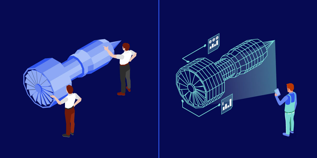 Illustration showing engineers working on a prototype in the aerospace industry