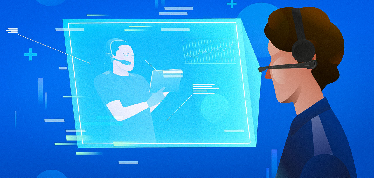 Illustration: Person uses digital technology to communicate with someone who is holding a tablet