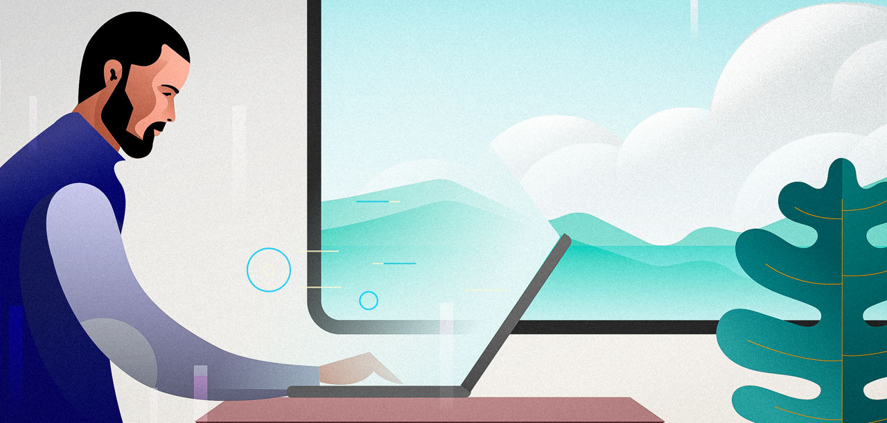 Illustration: Man with a beard sits next to a window. He is using a laptop