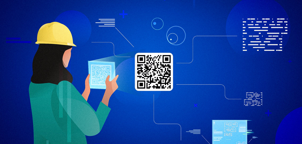 Illustration: Woman scans a QR code with a tablet. Graphic overlays indicate data that is connected to the code.