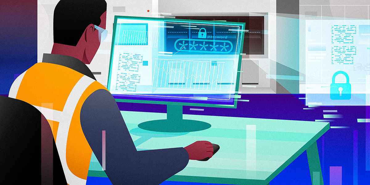 Technician analyzes secure data on a computer with visualized locks and security overlays on the screen.