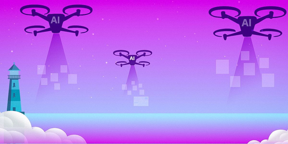Lighthouse guiding a sky filled with AI-powered drones scanning the digital horizon, symbolizing artificial intelligence, automation, and data-driven insights in technology. 