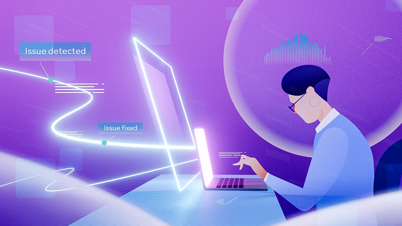 Illustration: IT specialist monitors dashboards, catching early warnings before users are affected