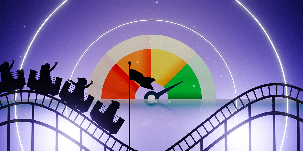 A roller coaster silhouette with riders raising their hands curves across the scene, while a large gauge in the background moves from red to green, symbolizing shifting performance or sentiment levels amid ups and downs.