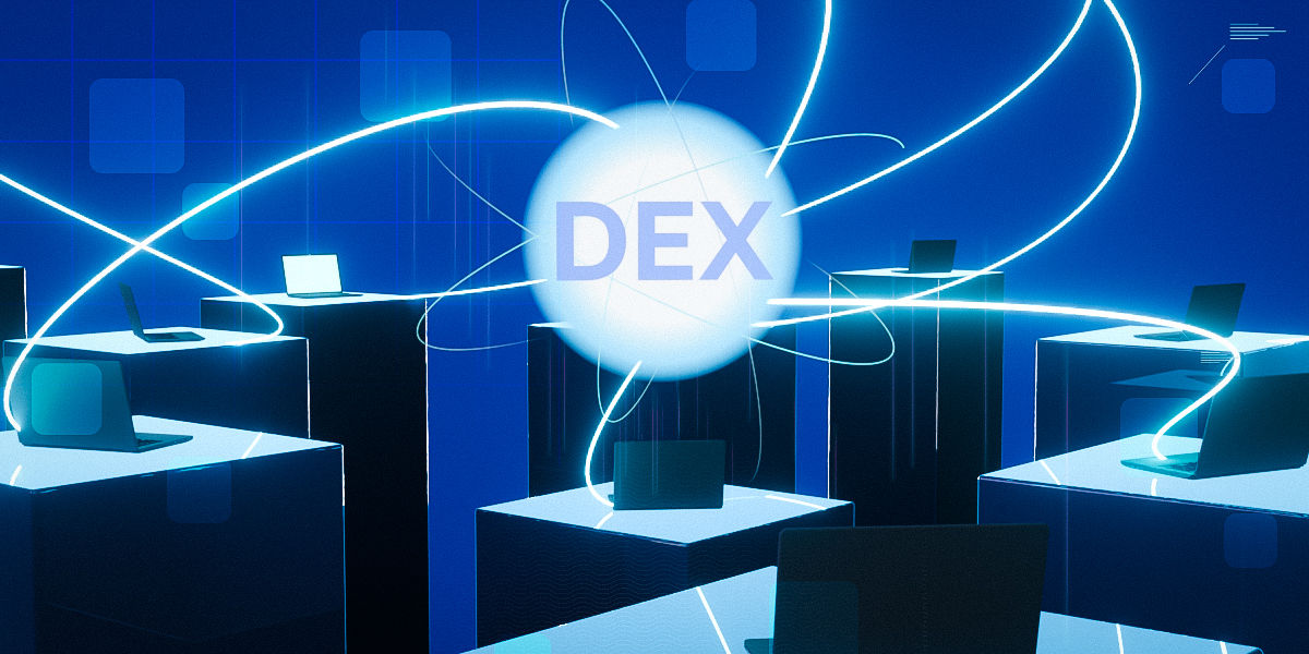 A glowing sphere labeled “DEX” emits bright connected lines linking multiple computers and devices placed on illuminated platforms in a futuristic blue digital environment. 