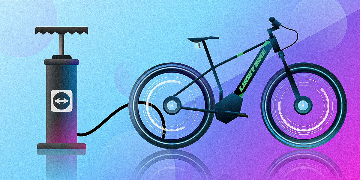 Illustration of a bicycle connected to a manual air pump with the TeamViewer logo, symbolizing boosting performance, efficiency, and powering up digital solutions.