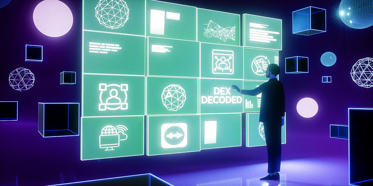 Person interacting with a large glowing digital wall