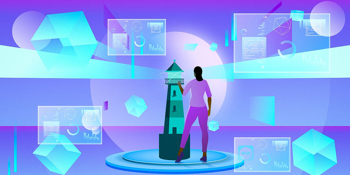 Person standing beside a lighthouse surrounded by floating digital dashboards and holographic data visualizations—representing analytics, AI-powered insights, and digital transformation guidance.