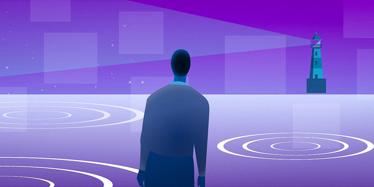 Person standing at the edge of a glowing digital ocean, facing a lighthouse shining a guiding beam across rippling water—symbolizing navigation, guidance, and clarity in digital transformation.