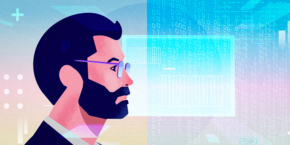 A person with binoculars against a background of data or code