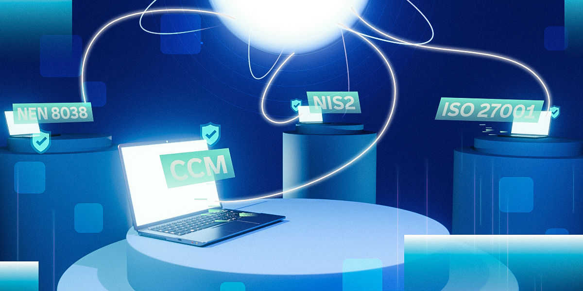A glowing digital network connects multiple laptops on raised platforms, each labeled with compliance standards such as “CCM,” “NIS2,” “ISO 27001,” and “NEN 8038,” set in a futuristic blue environment. 