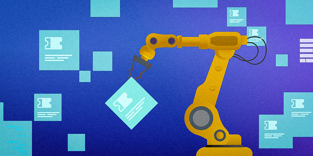 A conveyor belt of IT tickets where robotic arms are “sorting” them