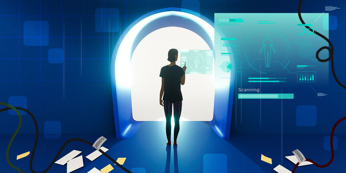 A person stands before a glowing, circular portal, interacting with a transparent digital interface that displays body scan data and analytics, set against a futuristic blue background with scattered cables and papers on the floor. 