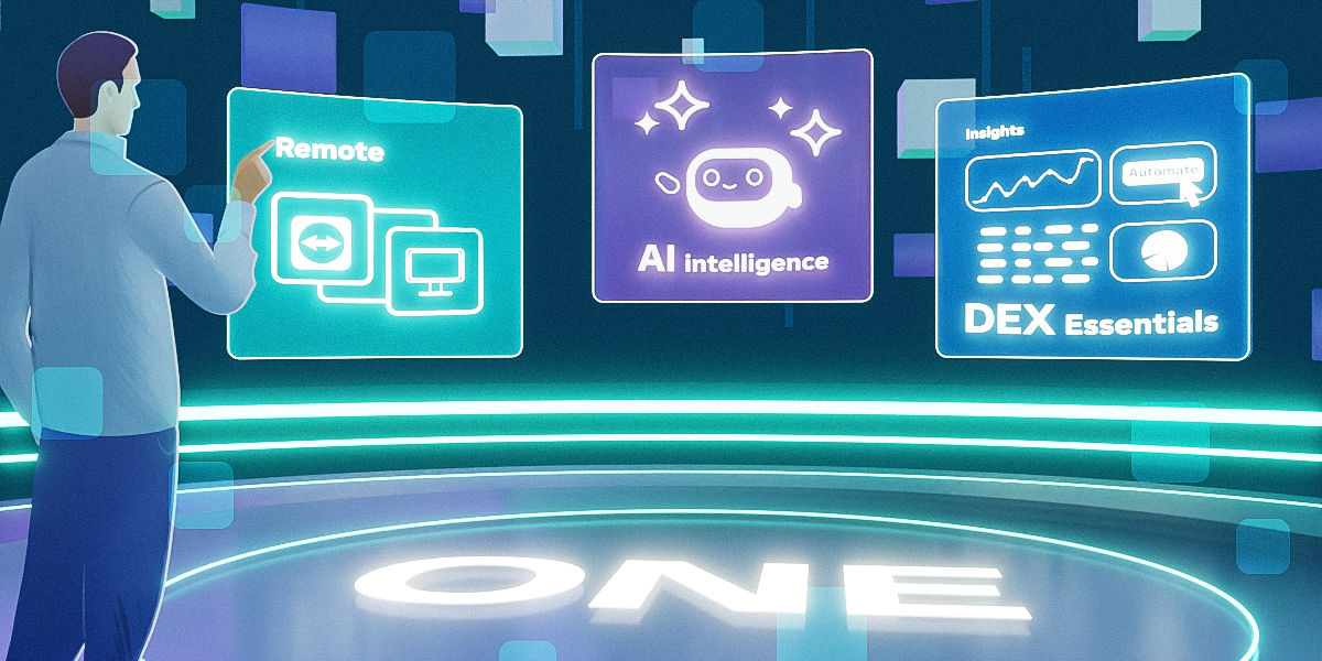 A person interacts with glowing digital panels labeled “Remote,” “AI intelligence,” and “DEX Essentials” in a futuristic circular environment with the word “ONE” illuminated on the floor 