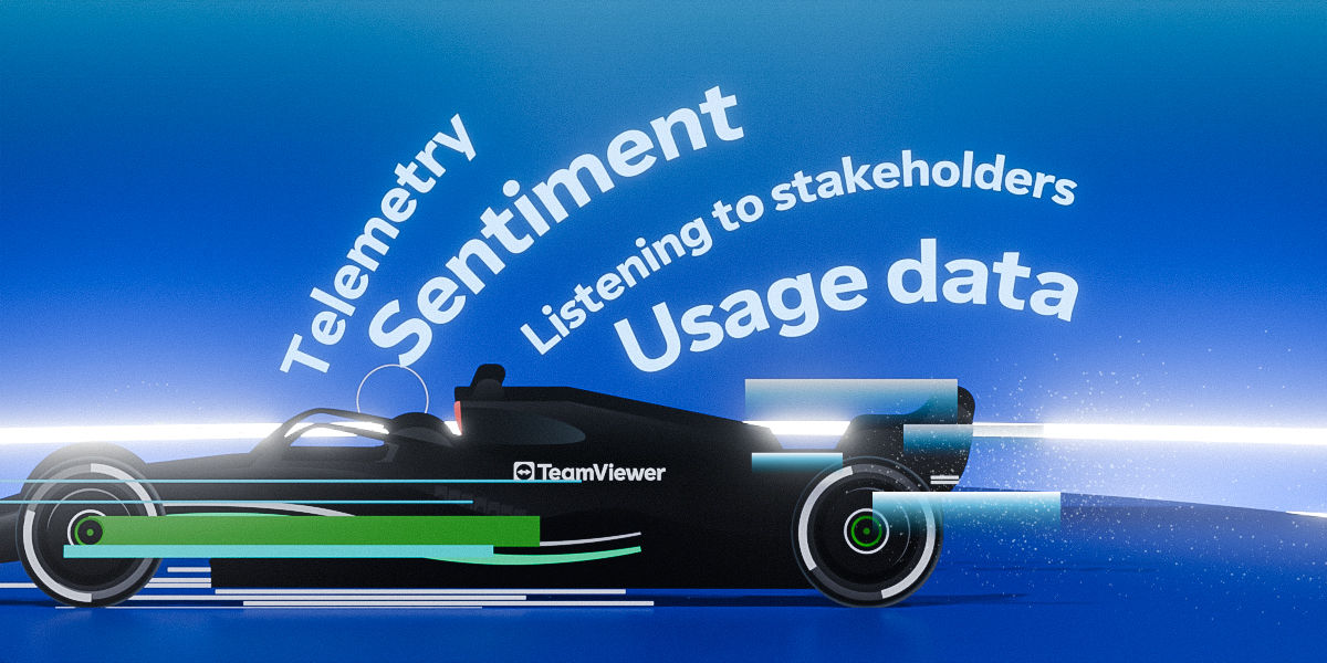 A sleek Formula 1 1-style race car with TeamViewer branding speeds across a blue background, surrounded by floating words such as “Telemetry,” “Sentiment,” “Listening to stakeholders,” and “Usage data,” symbolizing data-driven performance and continuous improvement.
