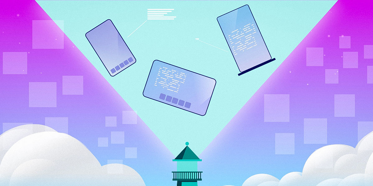 Lighthouse projecting a digital beam into the sky, illuminating floating devices with data and code—symbolizing cloud connectivity, digital infrastructure, and secure data exchange.