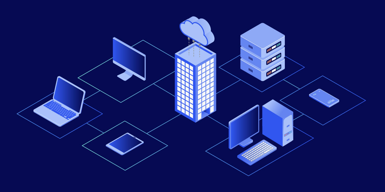 Illustration: connected computers, servers, and mobile devices