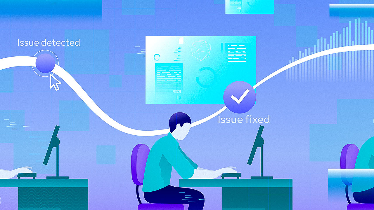 Illustration: IT pro analyzes dashboards to uncover root causes with data insights