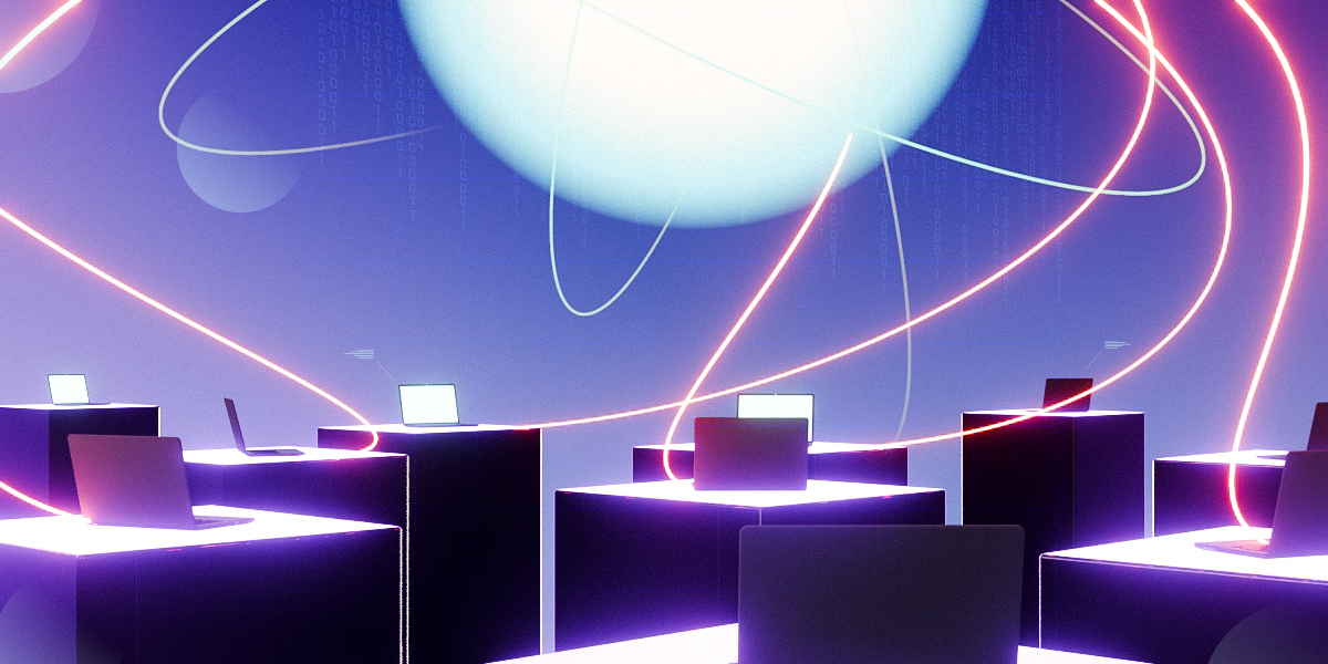 Futuristic illustration of glowing laptops placed on elevated platforms, all connected by streams of neon light orbiting around a bright central sphere, symbolizing digital connectivity and networked technology. 