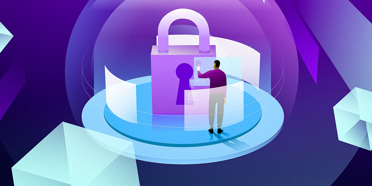 Illustration showing a lock and a man working on a touchscreen