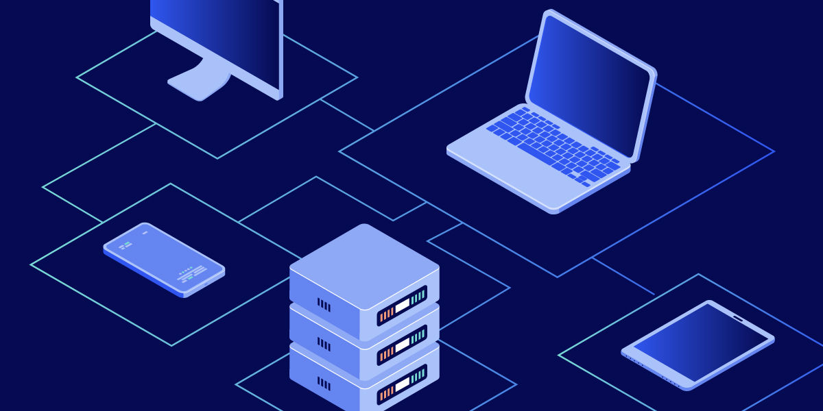 Illustration showing connection between server, smartphone, laptop, and desktop