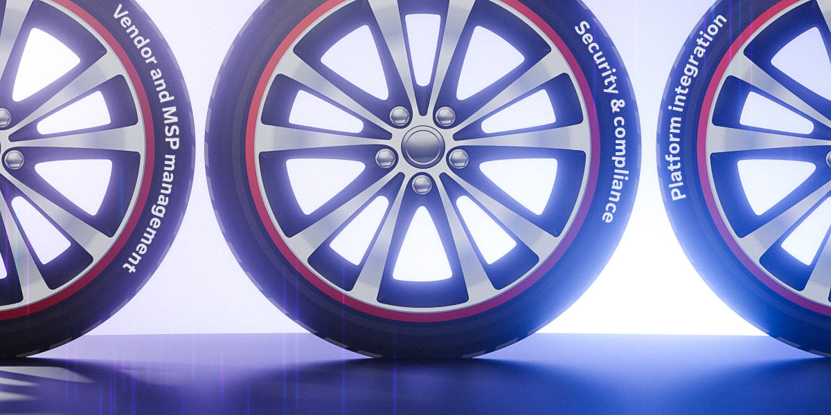Close-up of three car wheels on a glossy surface, each tire labeled with text: “Vendor and MSP management,” “Security & compliance,” and “Platform integration,” symbolizing key drivers or pillars of performance.