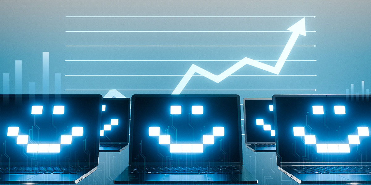 Rows of laptops display glowing pixelated smiley faces, while a bright upward-trending line graph in the background suggests rising performance or improved user satisfaction.