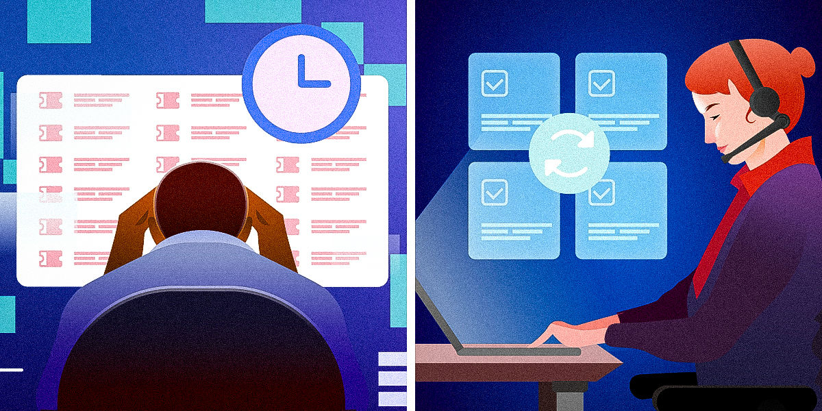 Split image. Left side shows ‘reactive approach’ with icons for tickets, a clock, unhappy face, etc. Right side shows ‘proactive approach’ with icons for automation, happy face, check mark, etc.