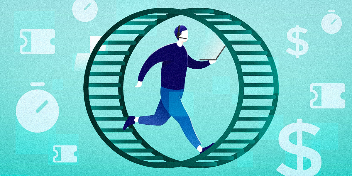  IT admin holding a pile of icons to showcase the many responsibilities they juggle: headset, laptop, cloud/server, dollar signs, a clock or timer