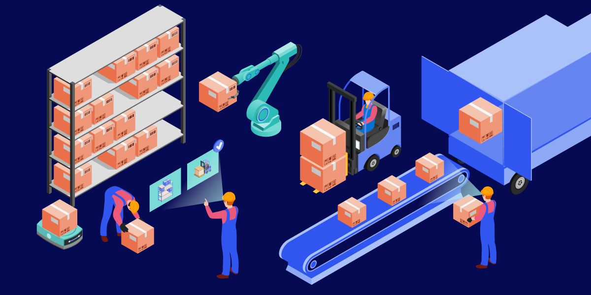 Illustration montrant des travailleurs d’entrepôt assistés par la RA dans l’industrie de la logistique