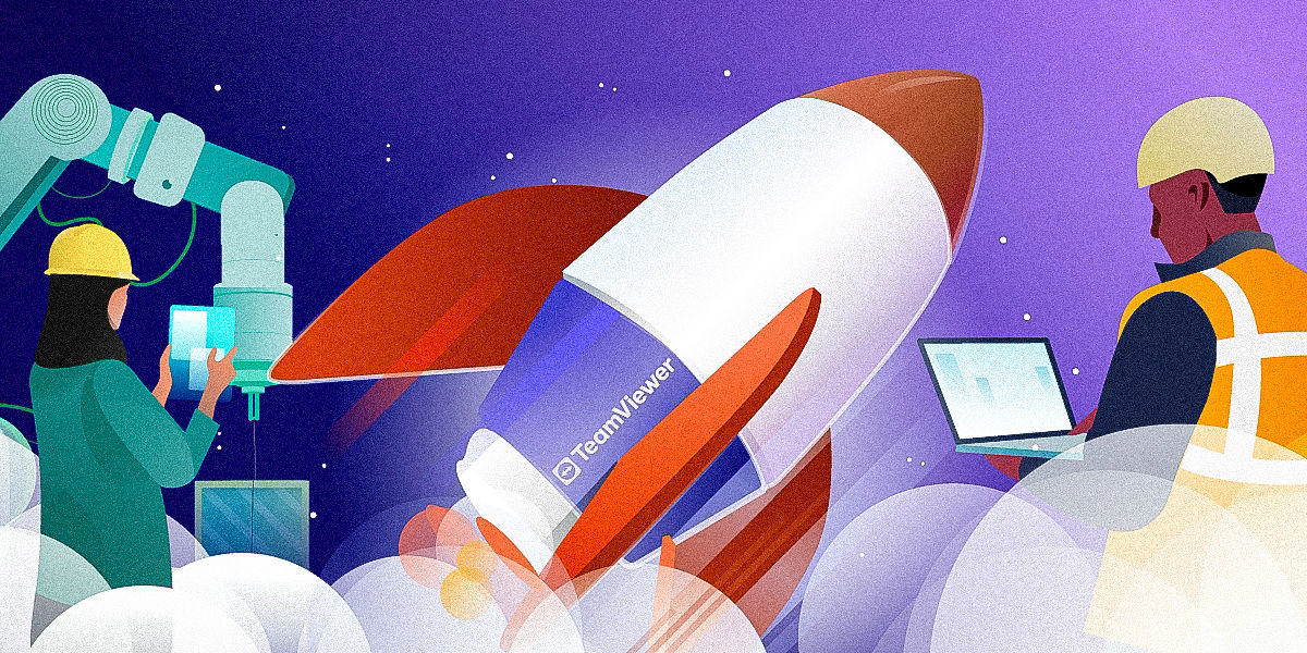 Workers using tablets and laptops with a TeamViewer-branded rocket launching in the background.  