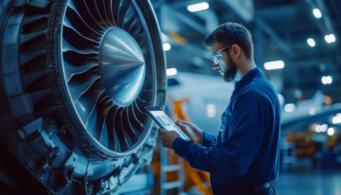 Worker inspecting an aircraft turbine