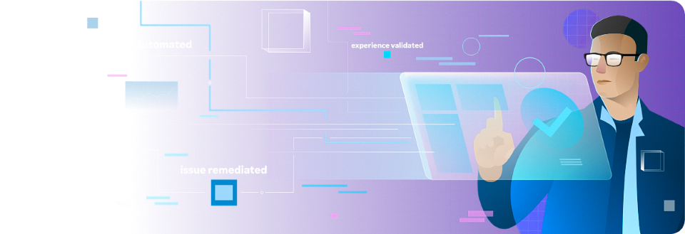 Illustration, die eine IT-Fachkraft zeigt, die DEX Essentials auf einem Bildschirm benutzt