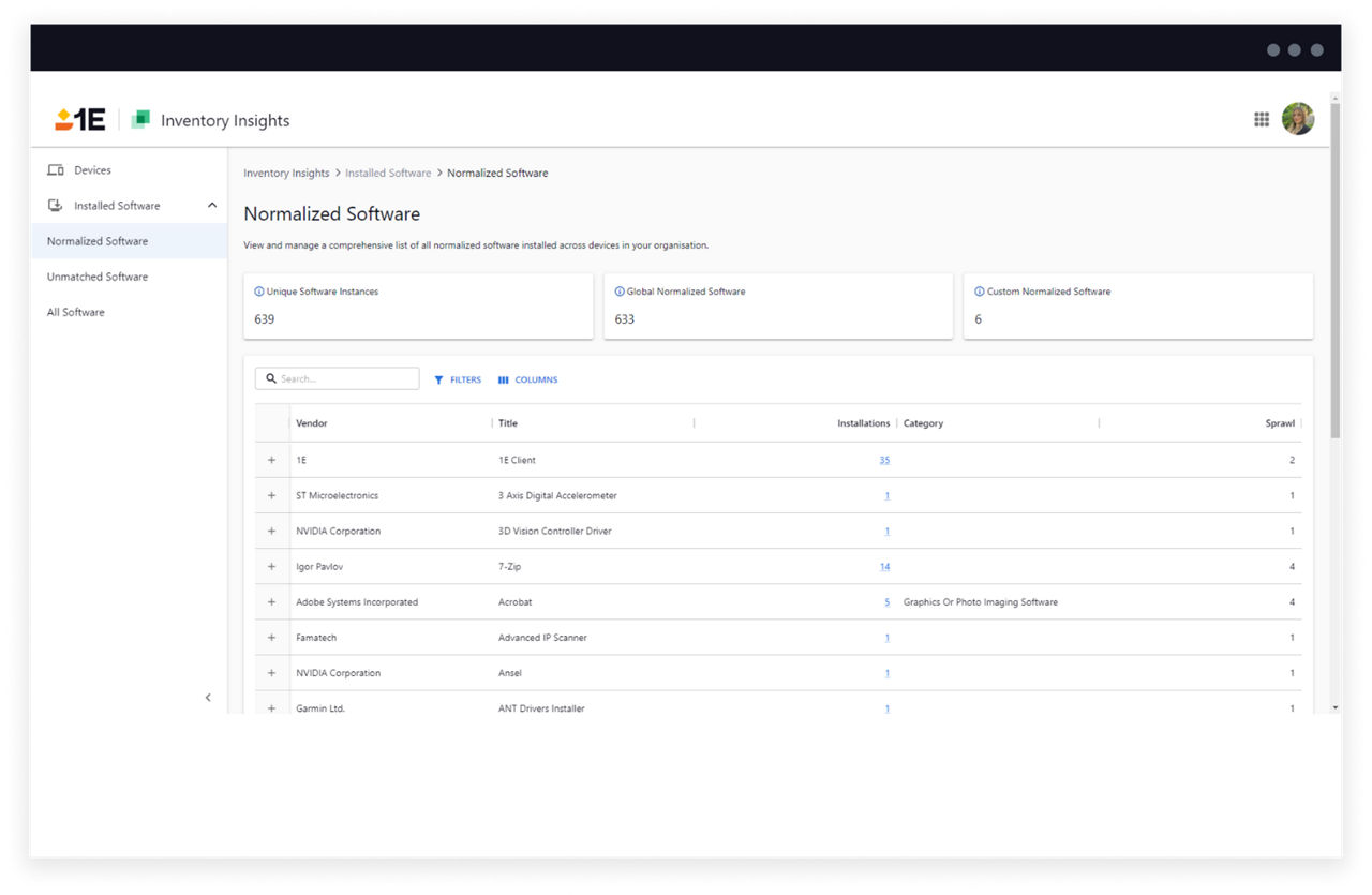 Inventory insights normalized software inventory
