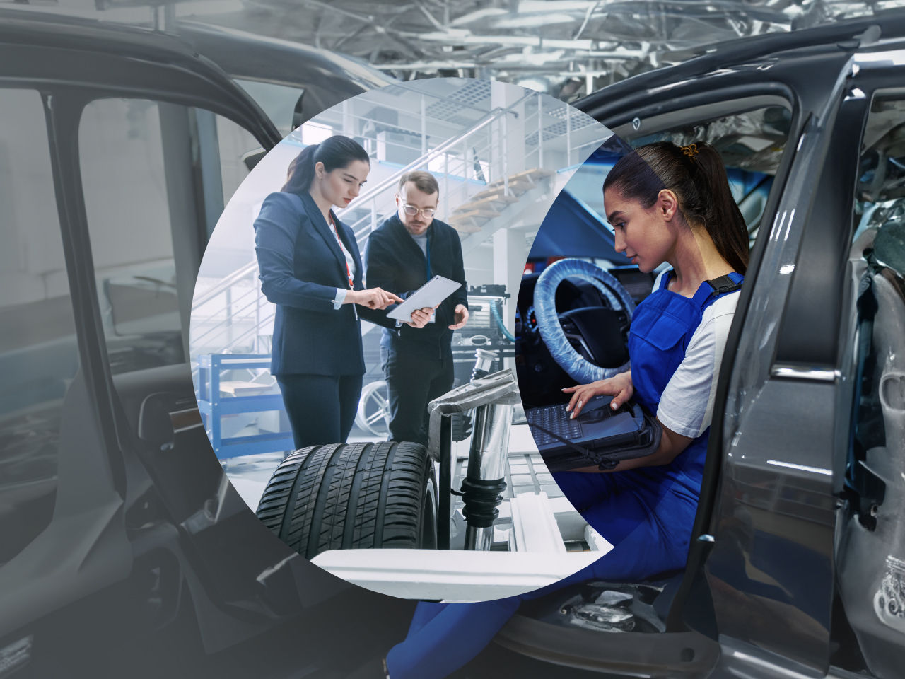 Mechanic and inspectors working on car