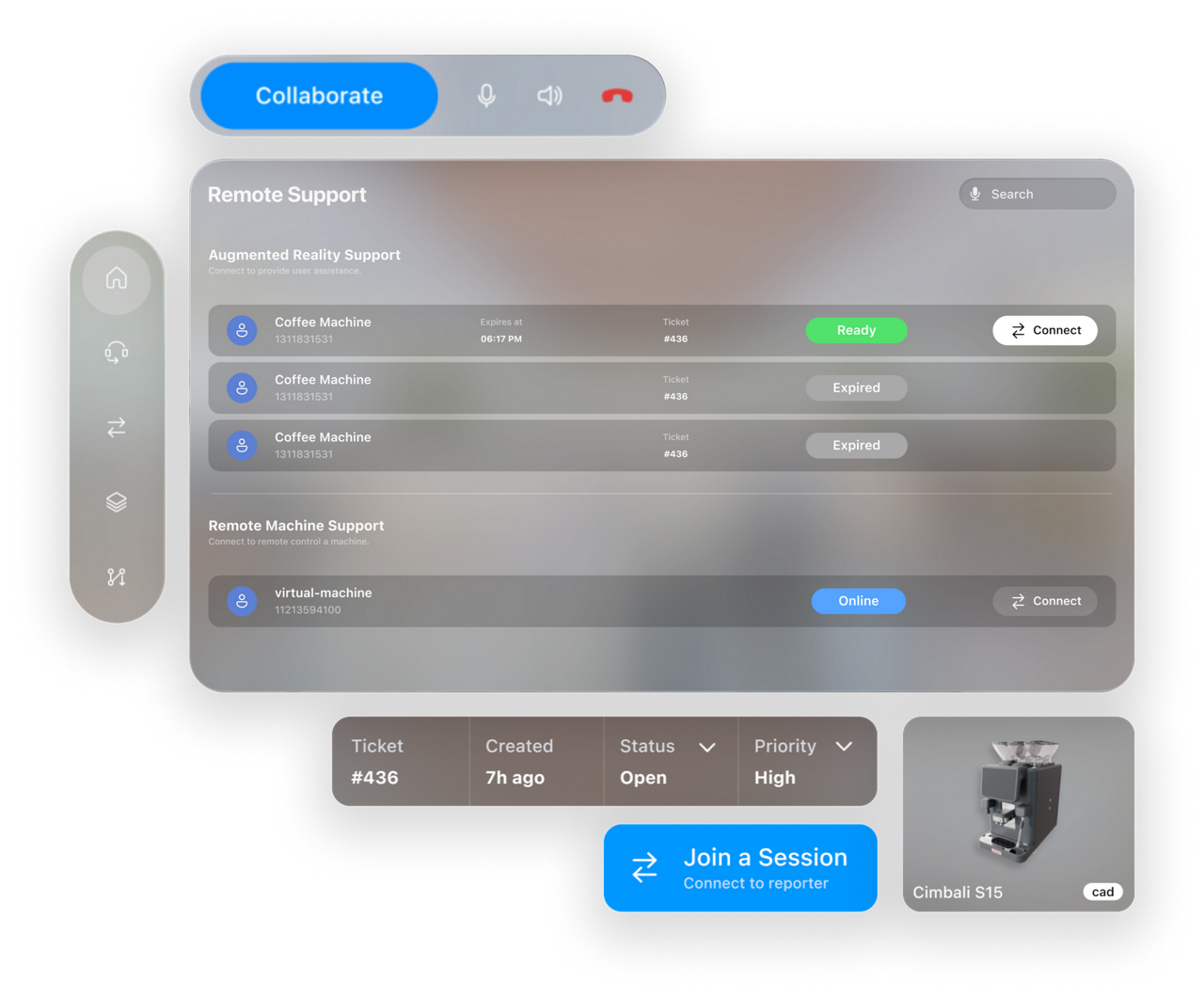 Přehled uživatelského rozhraní vzdálené podpory pro kávovary s Apple Vision Pro