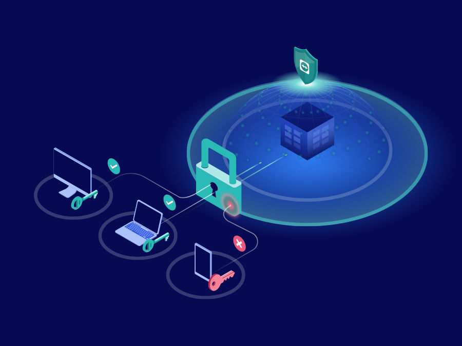 Illustration showing secure IT ecosystem with TeamViewer’s Conditional Access